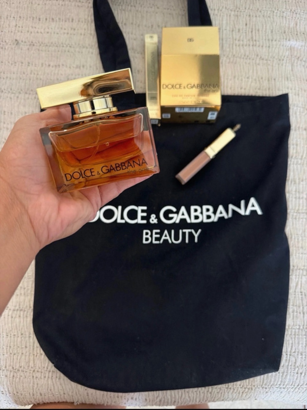 Dolce & Gabbana Black Tote with Gold-Accented Perfume and Lip Gloss